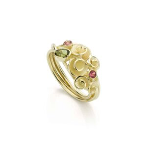 Handgemaakte 14 karaat gouden Bouquetring met roze en groene toermalijn (verkocht)