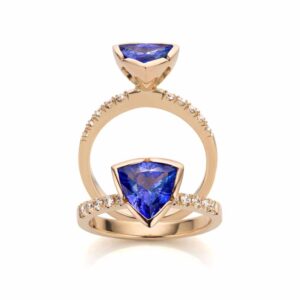 Handgemaakte 18 karaat rosé gouden ring in met tanzaniet en diamant